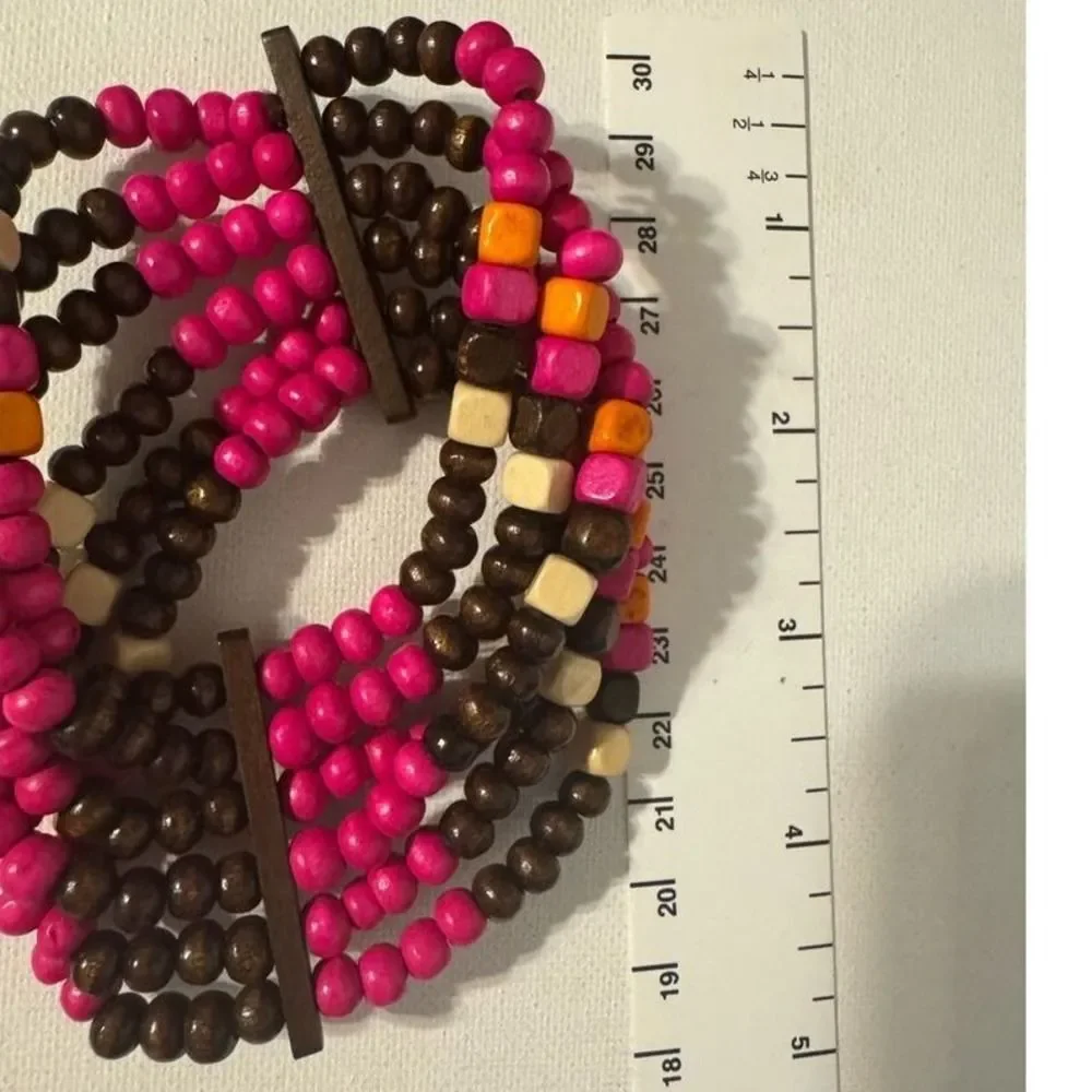 Vintage Y2K Womens Chunky Pink Brown Layered Beaded Cuff Bracelet Boho Western
